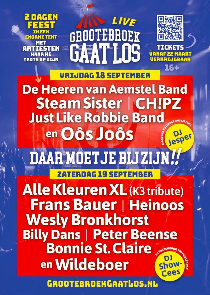 Officiële aankondigingsposter Grootebroek Gaat Los 2026 met complete line-up. 18 en 19 september in Grootebroek. Design door Jeroen Boukens, huisstijlarts.