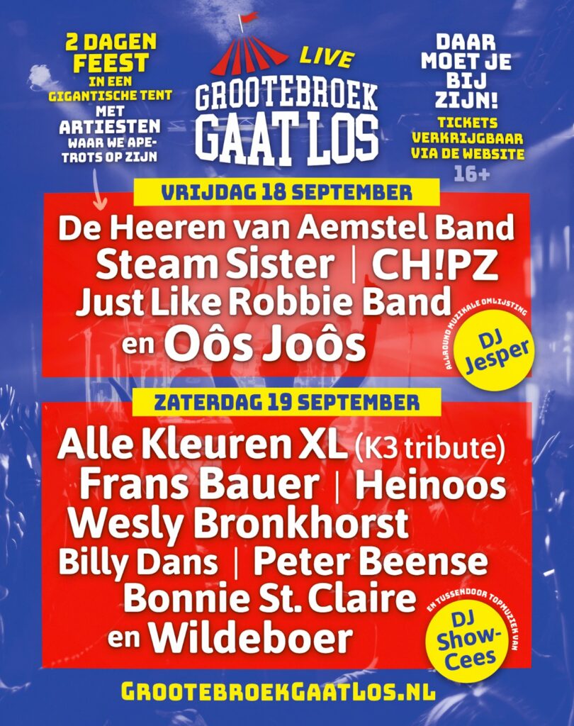 Officiële aankondigingsposter Grootebroek Gaat Los 2026 met complete line-up. 18 en 19 september in Grootebroek. Design door Jeroen Boukens, huisstijlarts.