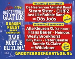 Aankondigingsposter Grootebroek Gaat Los 2026 met complete line-up. 18 en 19 september in Grootebroek. Design door Jeroen Boukens, huisstijlarts.