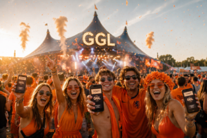 Oranje supporters die een ticket hebben gescoord en laten zien op hun mobiel, met GGL-festivaltent op de achtergrond.