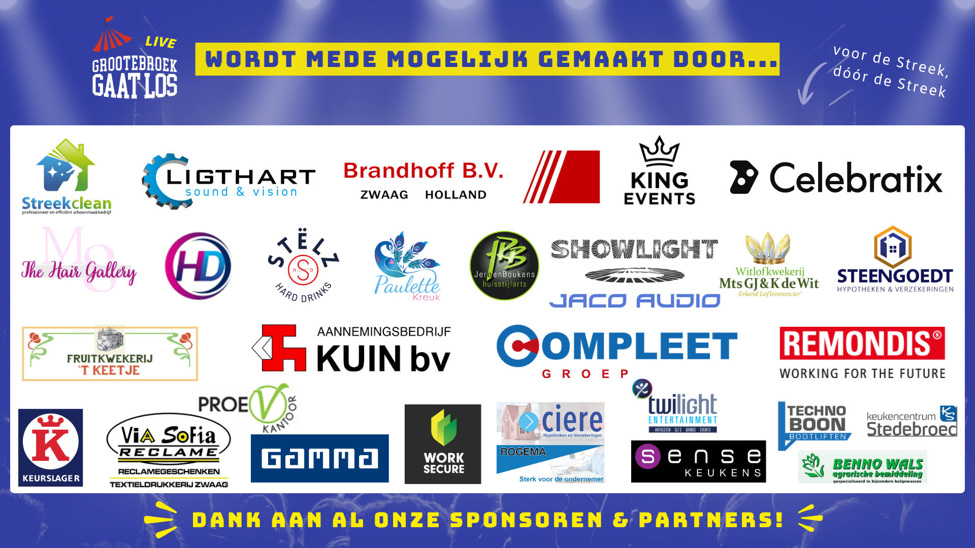 Collage met logo's van alle sponsors van Grootebroek Gaat Los 2026. Lokale en regionale partners uit Westfriesland maken het festival mogelijk.